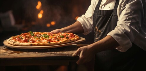 A chef and pizza maestro serve mouthwatering pizza in a hotels restaurant - obrazy, fototapety, plakaty
