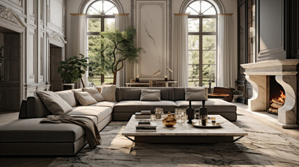 Fototapeta na wymiar opulent living room has a large sectional sofa and a marble-topped coffee table and a fireplace