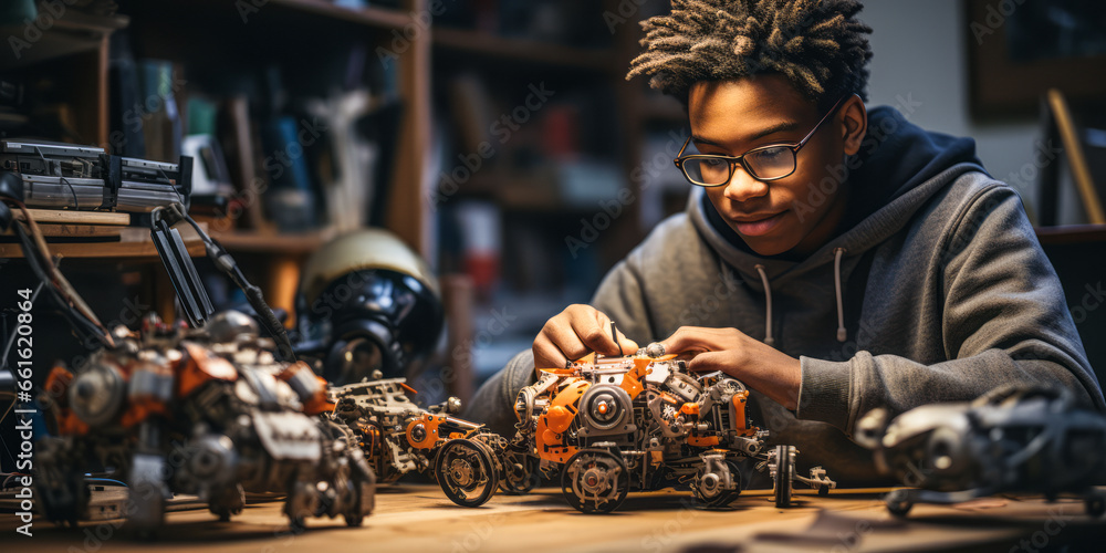 Poster robotics club masterpiece: teenager testing programmable robot