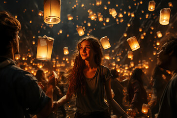A group of friends sending off floating lanterns into the night sky, carrying their wishes and aspirations for the upcoming year. Generative Ai.
