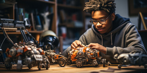 Robotics Club Masterpiece: Teenager Testing Programmable Robot