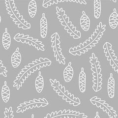 Vector seamless pattern with spruce branches and cones. Cute Christmas design for wrapping paper, textile, wallpaper and backgrounds.