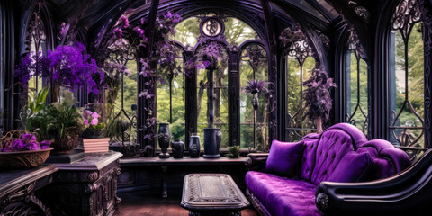 Whimsigothic interior design with windows in the forest, purple and black, couch, wide