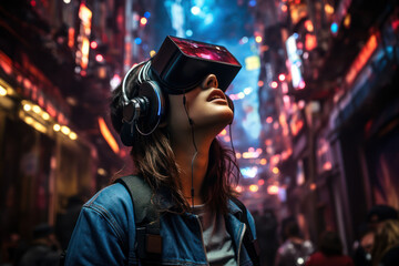 A person wearing virtual reality goggles, immersed in a digital world that challenges their sense of reality. Generative Ai.