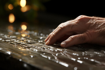 Fototapeta premium A visually impaired individual reading braille with their fingertips, highlighting the importance of tactile perception for those with limited sight. Generative Ai.