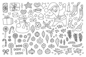 Vector Christmas set, doodle style. Hand drawn elements isolated on white background. Holiday decorations.