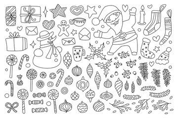 Vector Christmas set, doodle style. Hand drawn elements isolated on white background. Holiday decorations.