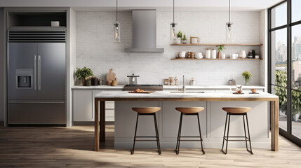 modern kitchen is well-equipped with stainless steel appliances and a large island with seating 