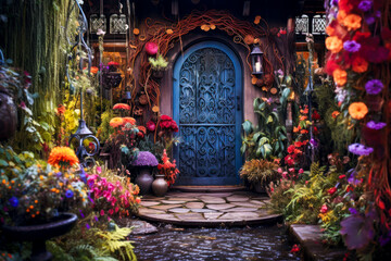 Whimsigothic style blue front door in garden, fantasy