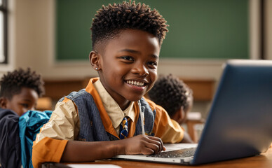Happy African American boy at school with laptop