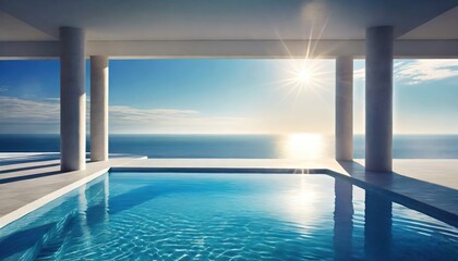 Fototapeta na wymiar Dream space, open to the sea, with a pool inside the room that joins the sea, 8k,