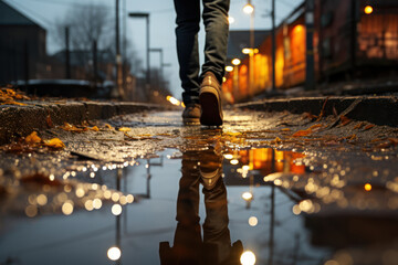 A person's reflection in a puddle on a rainy day, distorting their image and offering a different...