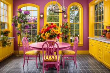Fototapeta na wymiar Whimsical pink and yellow vintage kitchen with flowers and gray tile floor, Whimsigothic