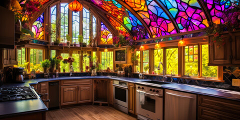 Fototapeta na wymiar Whimsigothic kitchen with colorful stained glass windows in the forest, wood floor, wide