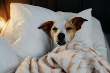A cute, tired Jack Russell Terrier sleeps contentedly under a cozy white blanket