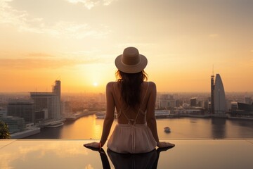 A lovely tourist enjoys sunset by the rooftop pool overlooking the city