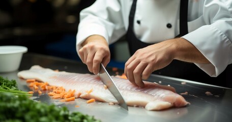 A male chef, in uniform, concentrates on slicing white tilapia fillet