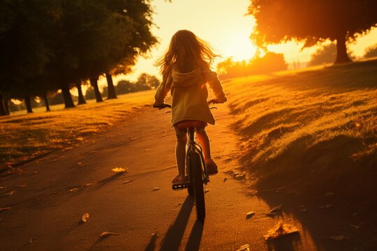 A little girl, seen from behind, rides her bike into the sunset