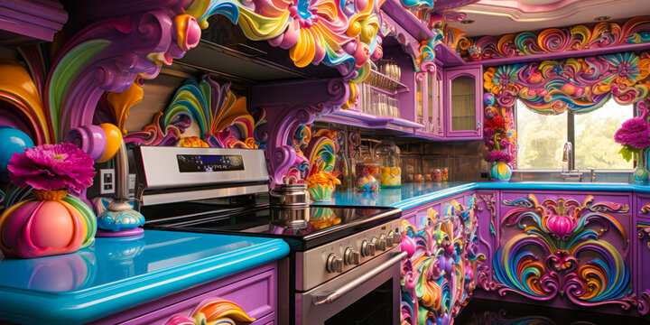 Whimsigothic fantasy colorful kitchen interior, swirling design, blue and purple, wide banner