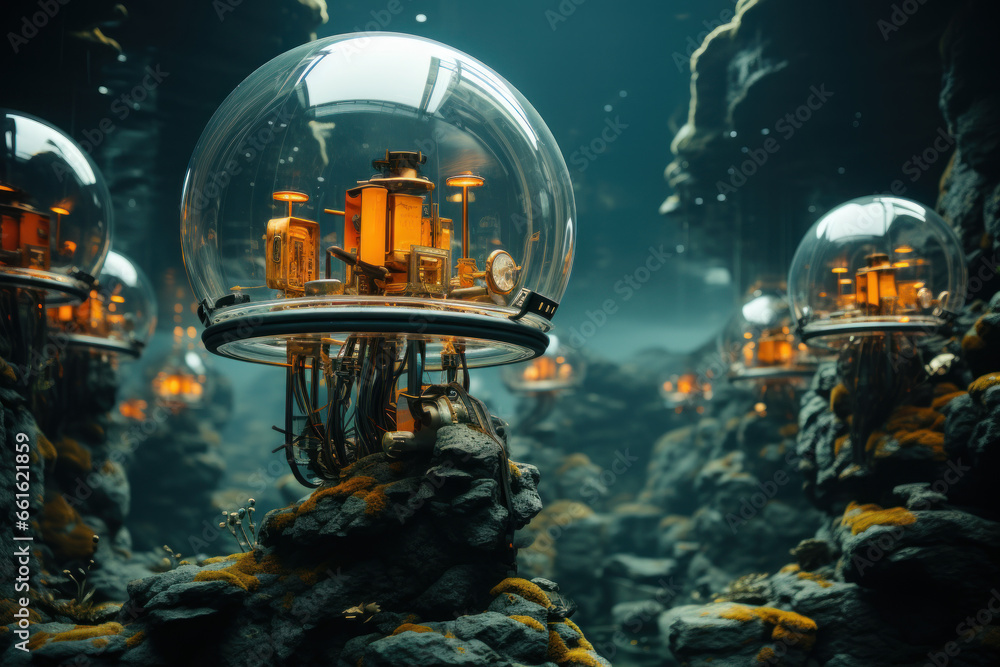 Poster swarm of nanoscopic machines constructing and repairing underwater structures. generative ai.