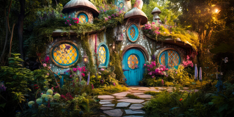 Whimsigothic fantasy home in the forest with round blue door and windows, wide