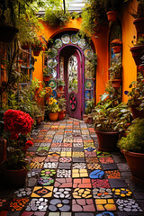 Whimsigothic eclectic garden design with mosaic tile path, potted plants and orange walls, vertical - obrazy, fototapety, plakaty