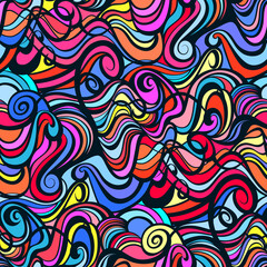 Seamless repeating pattern with a multicolored abstract doodle design. Black, pink, and yellow lines, spirals, curls, and swirls. Abstract background. Decorative illustration.