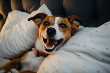 Adorable Jack Russell Terrier dog relaxes in bed, yawning and showing tongue
