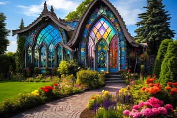 Fototapeta premium Whimsigothic style fantasy house exterior design with colorful stained glass windows in the garden