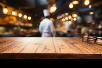An empty wooden table in a restaurant kitchen as a chef cooks - obrazy, fototapety, plakaty