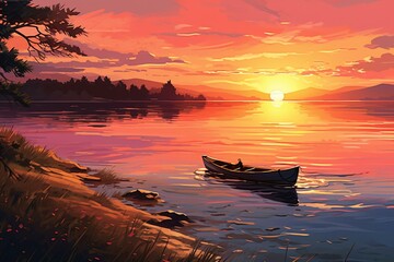peaceful sunset scene: a serene illustration. Generative AI