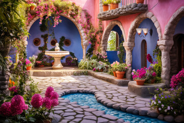 Whimsigothic style courtyard garden villa, pink and white, flowers, stone fountain