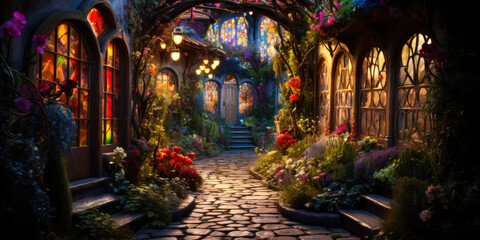 Fototapeta na wymiar Whimsigothic style fantasy homes village at night, wide