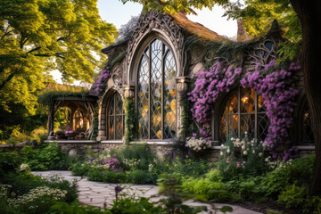 Obraz premium Whimsigothic style house exterior design in garden, Gothic windows, purple flowers
