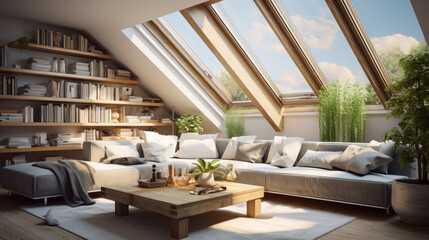 modern attic is bright and airy and featuring skylights and exposed beams and and a cozy seating area