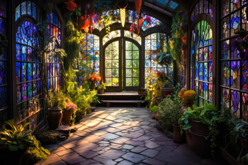 Fototapeta na wymiar Whimsigothic style greenhouse with colorful stained glass windows