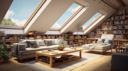 modern attic is bright and airy and featuring skylights and exposed beams and and a cozy seating area - obrazy, fototapety, plakaty