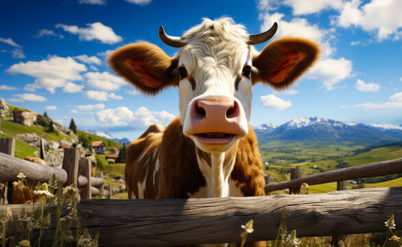 A cow peering through a fence