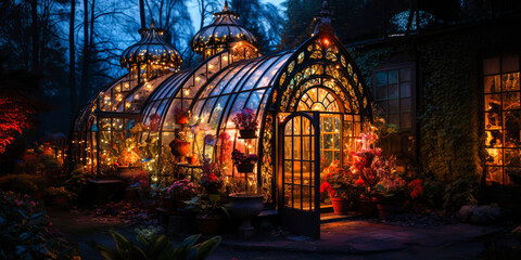Obraz premium Whimsigothic style greenhouse at night in the woods, warm light, glowing, wide