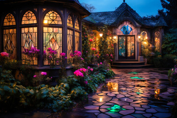 Whimsigothic style house cottage at night, warm glowing light from glass windows, garden flowers