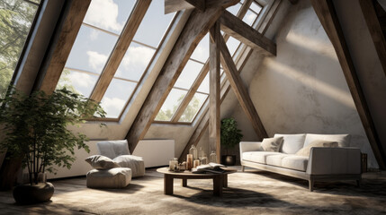modern attic has a cozy reading nook and a skylight