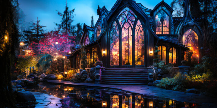 Whimsigothic style mansion house exterior design at night, large glass windows, blue, in the woods forest, wide