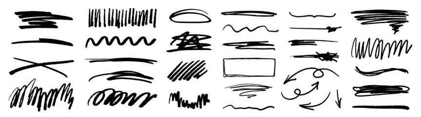 Fototapeta premium Charcoal scribble stripes, emphasis arrows, handdrawn numbers. Chalk crayon or marker doodle rouge handdrawn scratches. Vector illustration of lines, waves, squiggles in marker sketch style. 