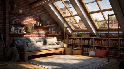 modern attic features a cozy reading nook and exposed brick walls and a skylight