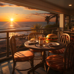 Hamburger against the background of the beautiful coast of USA sunset on the restaurant terrace