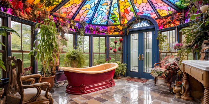 Whimsigothic style bathroom with colorful stained glass ceiling and windows looking out on woods forest, wide