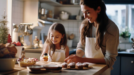 Beautiful mother and cute daughter enjoy the moment and joyfully prepare Christmas cakes in a cozy kitchen. Concept of warmth of family traditions, festive cooking, xmas holiday spirit, family time