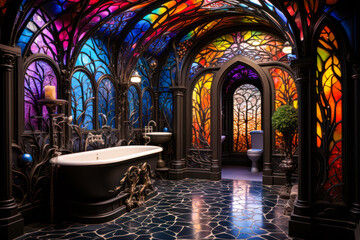 Fototapeta na wymiar Whimsigothic style bathroom with colorful stained glass windows and ceiling, dark
