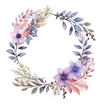 watercolor wreath with flower and leaves in white background
