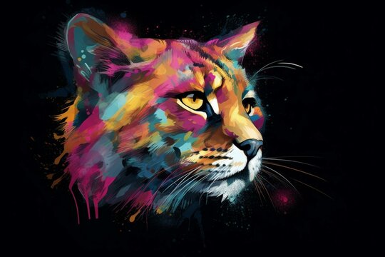 vibrant feline artwork on dark backdrop, vibrant color sprays. Generative AI